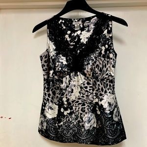 Black, White & Grey Floral Tiger Print with Black Lace Dress Top